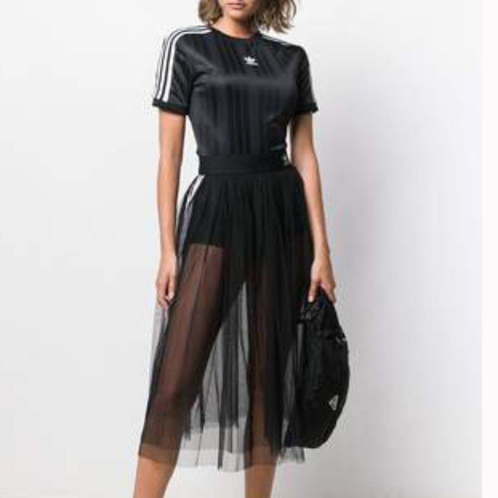💥HOT ITEM!💥ADIDAS Sleek Pleated Midi Tulle Skirt in Black& White - Picture 11 of 15